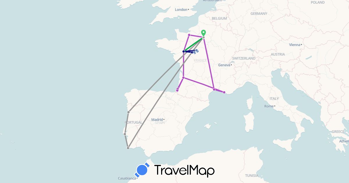 TravelMap itinerary: driving, bus, plane, cycling, train in France, Portugal (Europe)